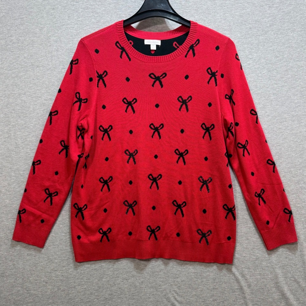 Charter Club Sweater Womens XL Red Black Bow Polka Dot Crewneck Knit Holiday